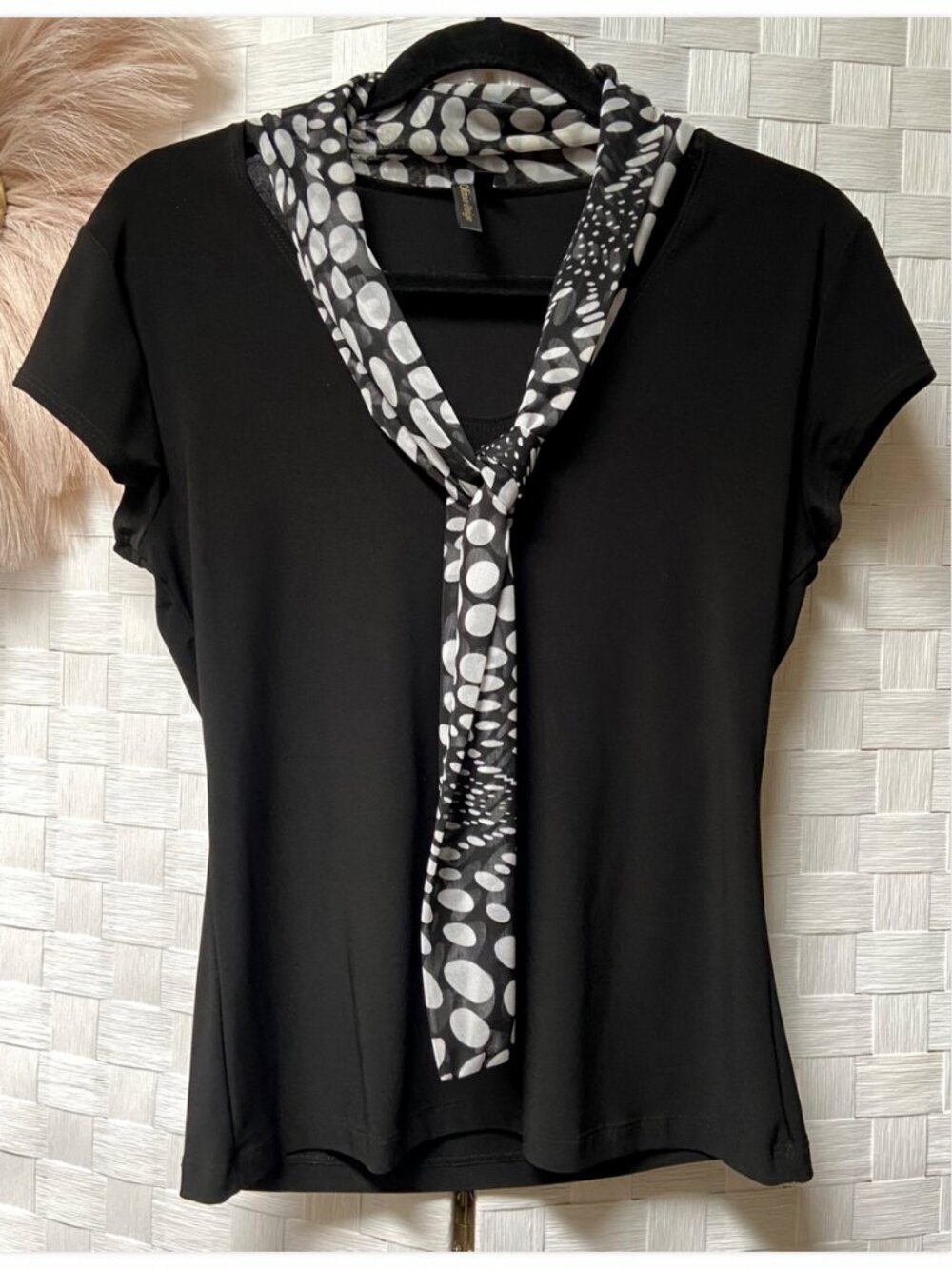 Olivia Paige Tie Scarf Short Sleeve Polka Dot Black & White Top Size M